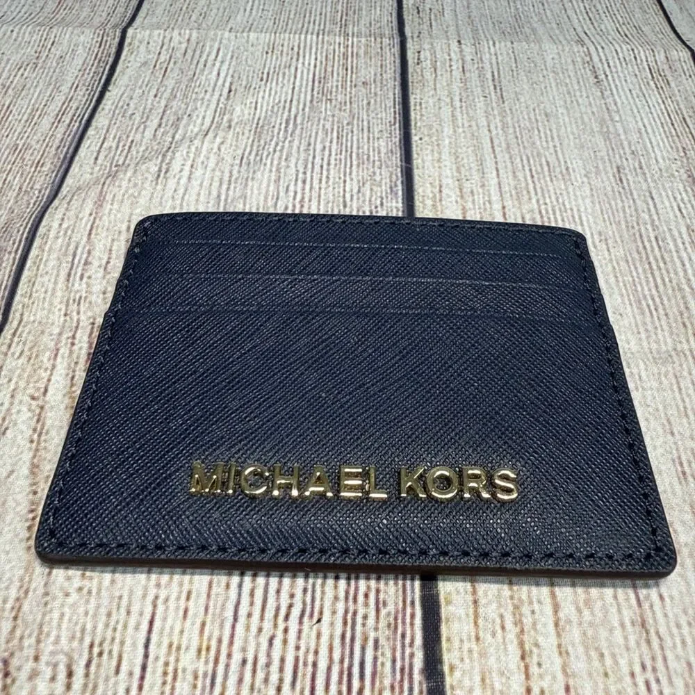 Michael Kors Blue Jet Set Card Case ID Holder Travel Leather Wallet Women’s